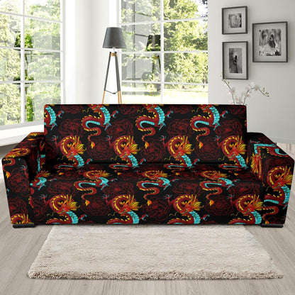 Chinese Dragons and Peonies Design Sofa Slipcover-JTAMIGO.COM