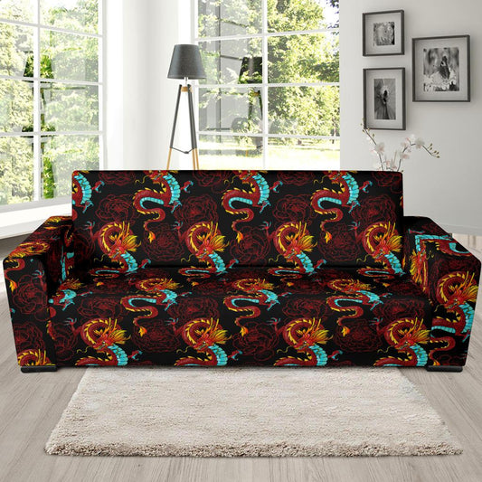 Chinese Dragons and Peonies Design Sofa Slipcover-JTAMIGO.COM