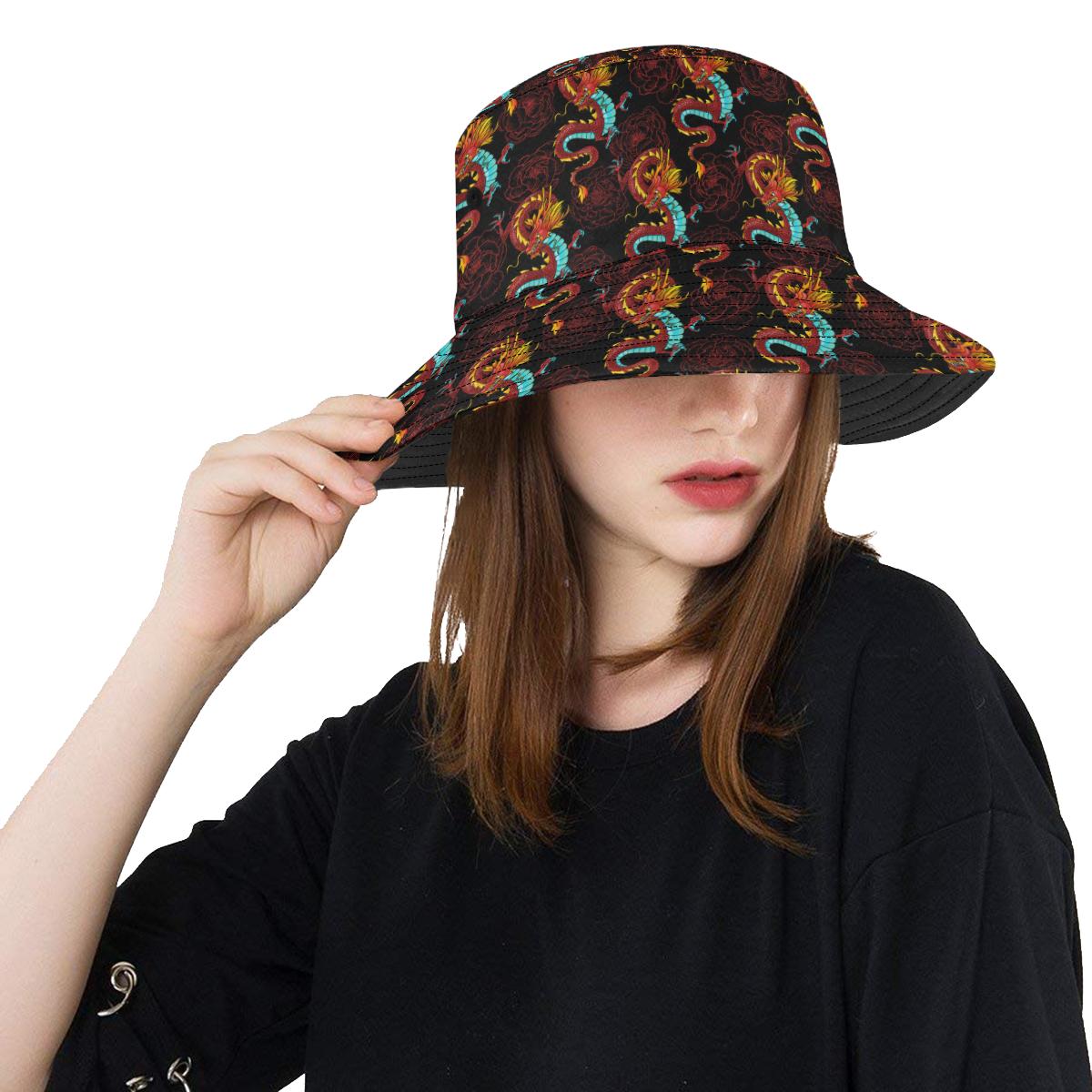 Chinese Dragons and Peonies Design Unisex Bucket Hat
