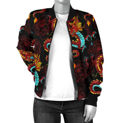 Chinese Dragons And Peonies Design Women Casual Bomber Jacket