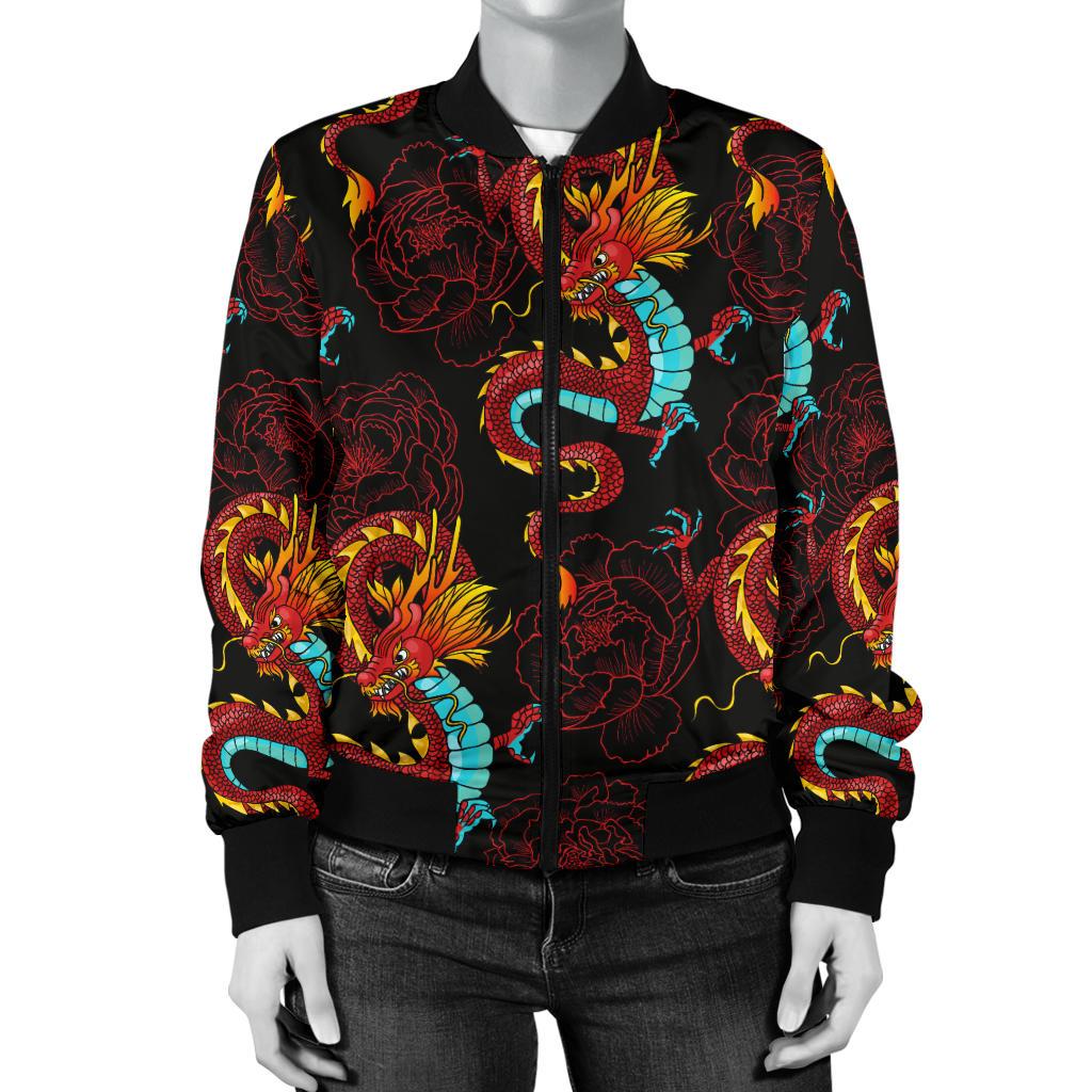 Chinese Dragons And Peonies Design Women Casual Bomber Jacket