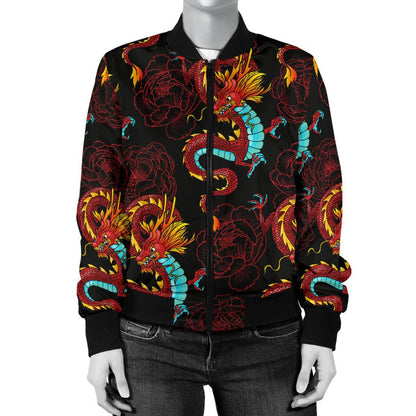 Chinese Dragons And Peonies Design Women Casual Bomber Jacket