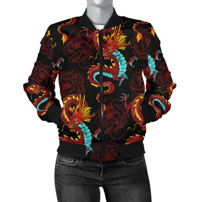 Chinese Dragons And Peonies Design Women Casual Bomber Jacket