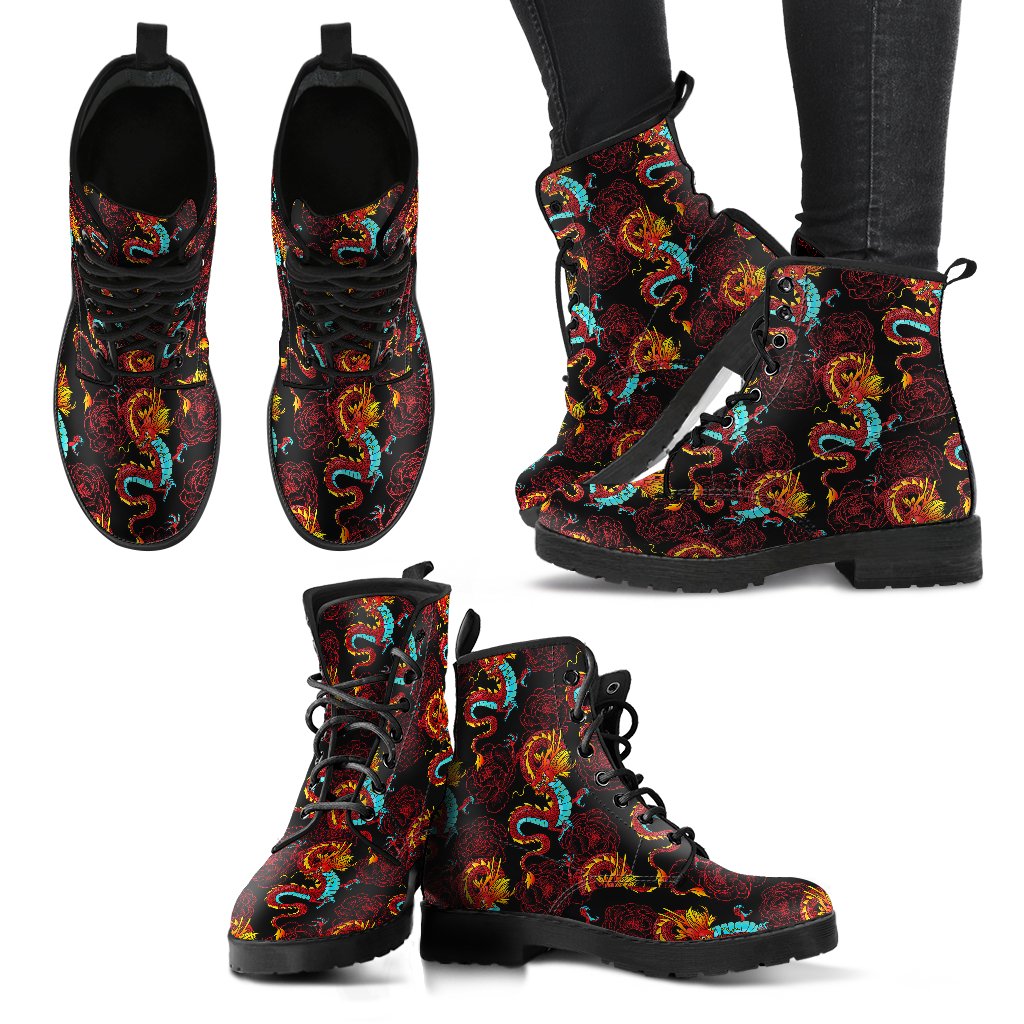Chinese Dragons and Peonies Design Women Leather Boots-JTAMIGO.COM