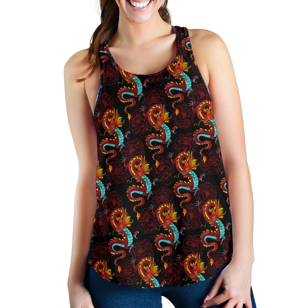Chinese Dragons and Peonies Design Women Racerback Tank Top