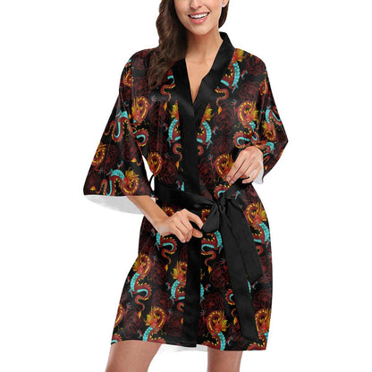 Chinese Dragons and Peonies Design Women Short Kimono Robe