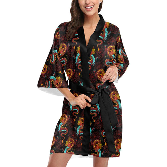 Chinese Dragons and Peonies Design Women Short Kimono Robe