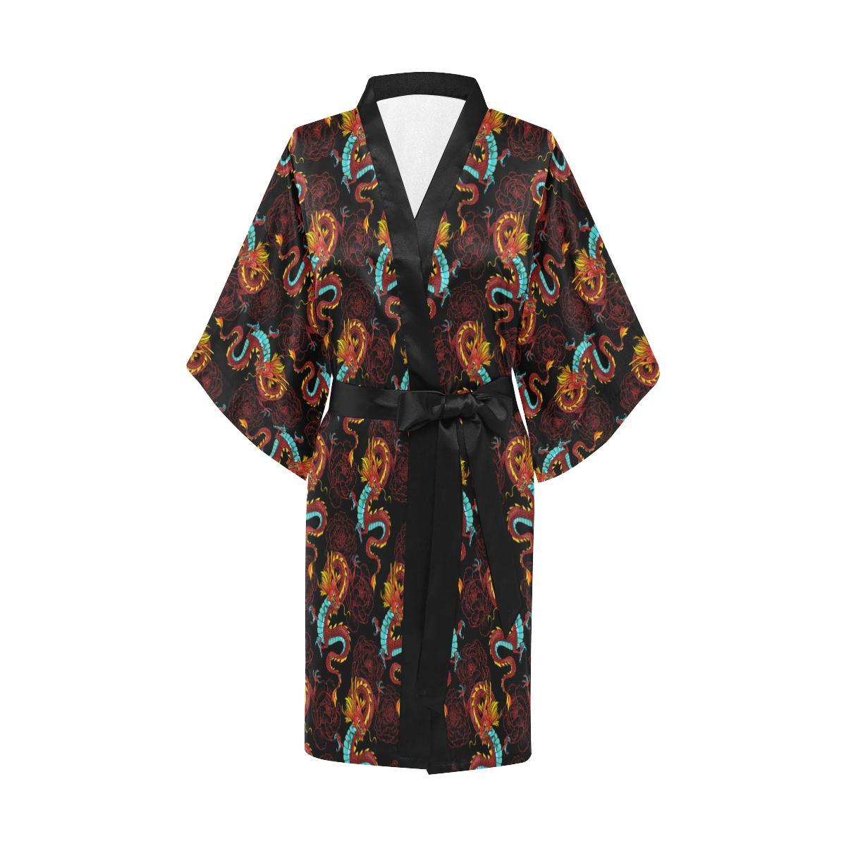 Chinese Dragons and Peonies Design Women Short Kimono Robe