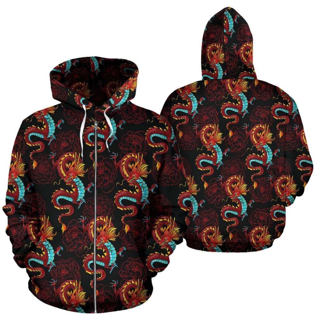 Chinese Dragons and Peonies Design Zip Up Hoodie