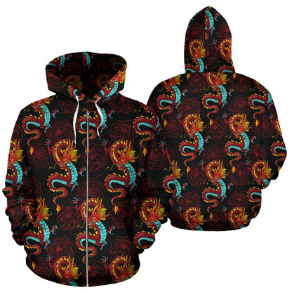 Chinese Dragons and Peonies Design Zip Up Hoodie