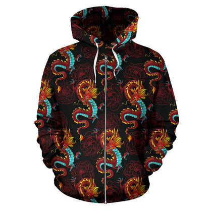 Chinese Dragons and Peonies Design Zip Up Hoodie