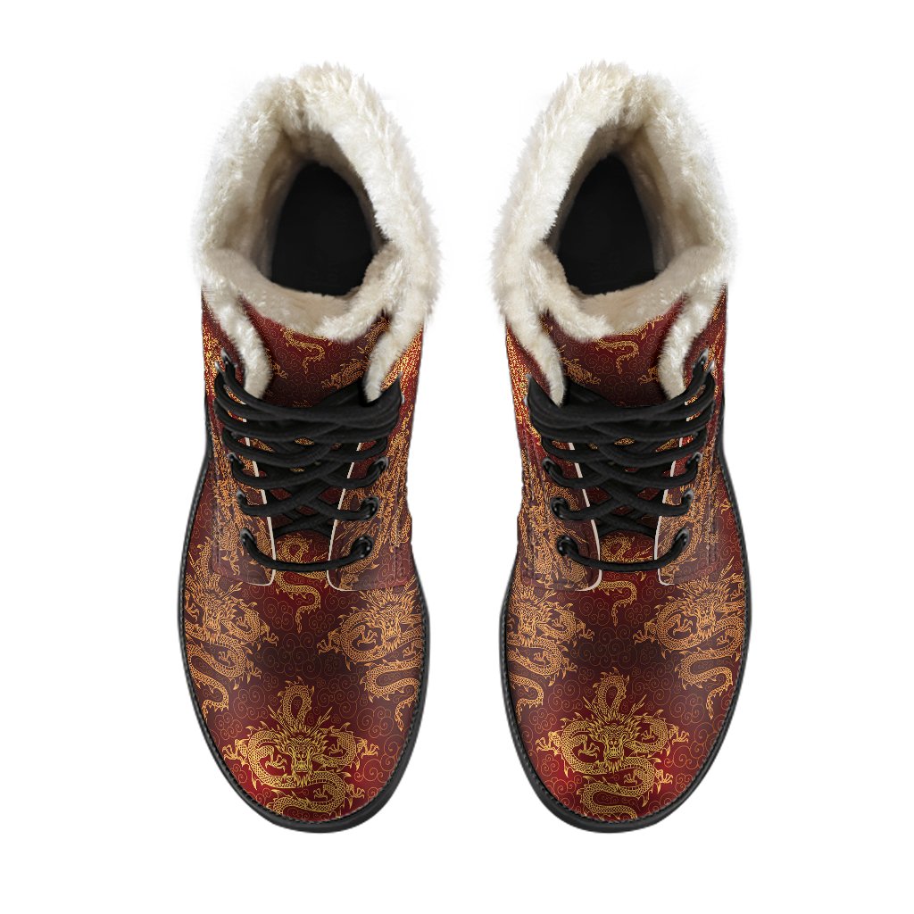 Chinese Dragons Gold Design Faux Fur Leather Boots-JTAMIGO.COM