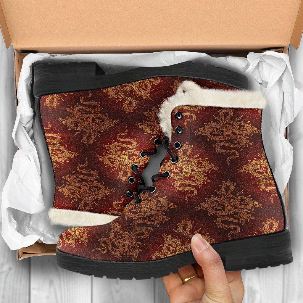 Chinese Dragons Gold Design Faux Fur Leather Boots-JTAMIGO.COM