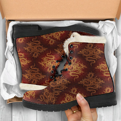 Chinese Dragons Gold Design Faux Fur Leather Boots-JTAMIGO.COM