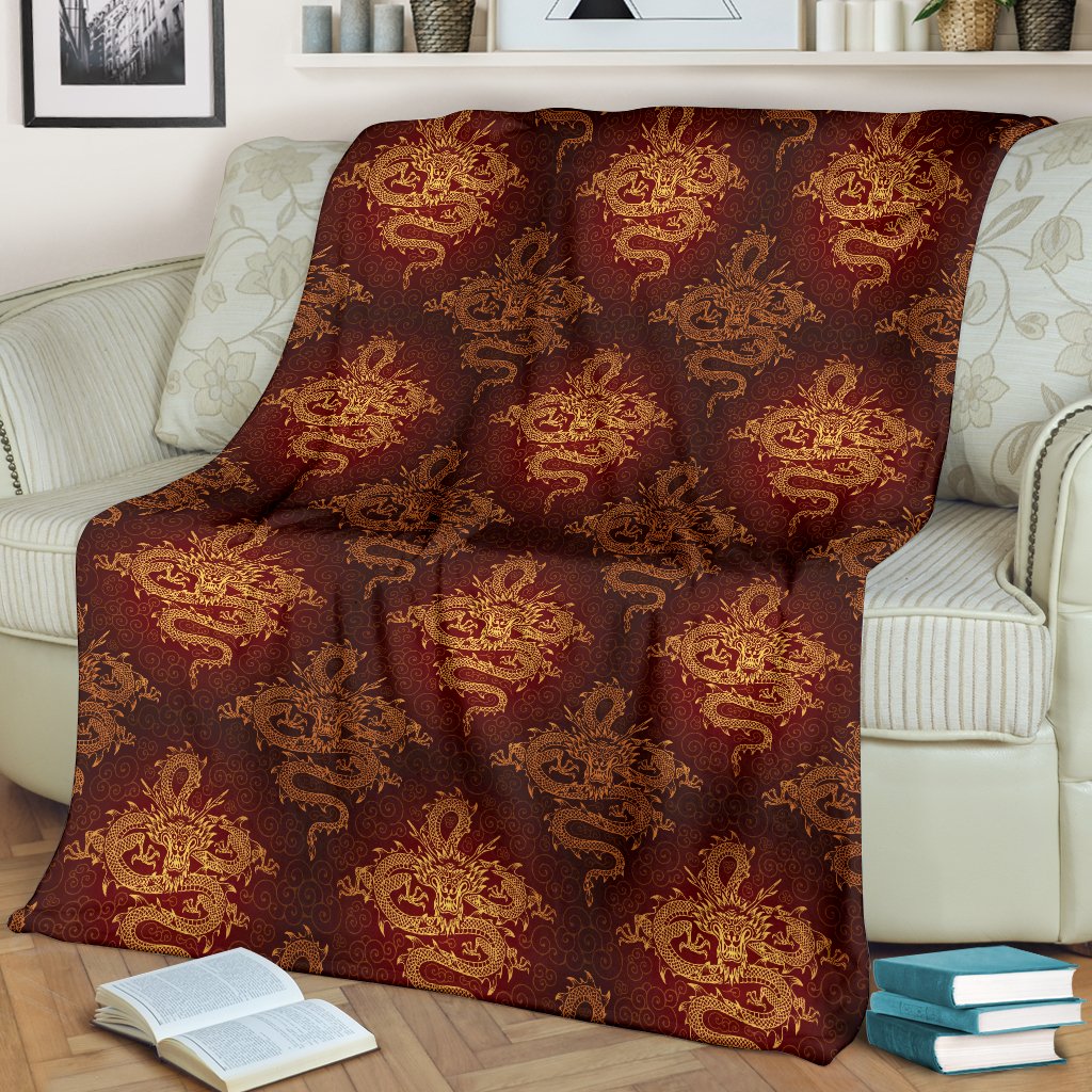 Chinese Dragons Gold Design Fleece Blanket