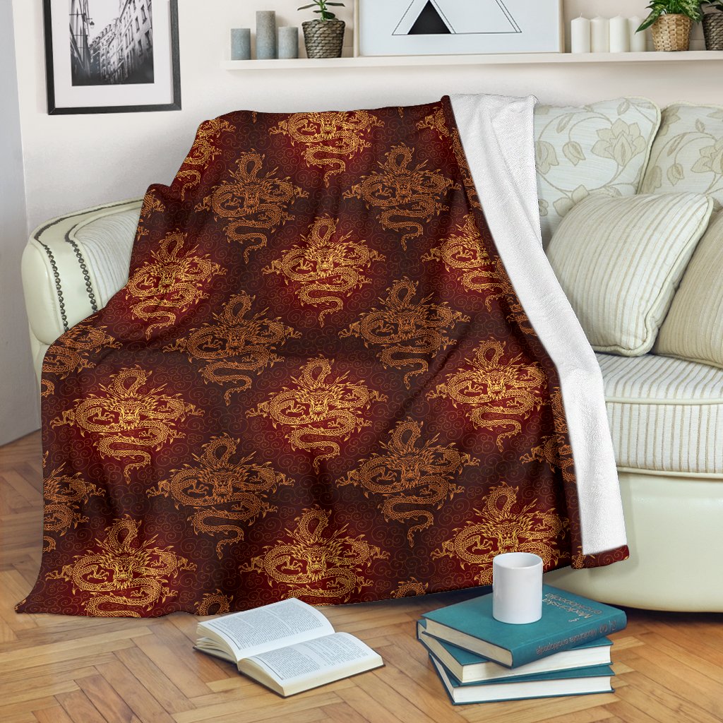 Chinese Dragons Gold Design Fleece Blanket