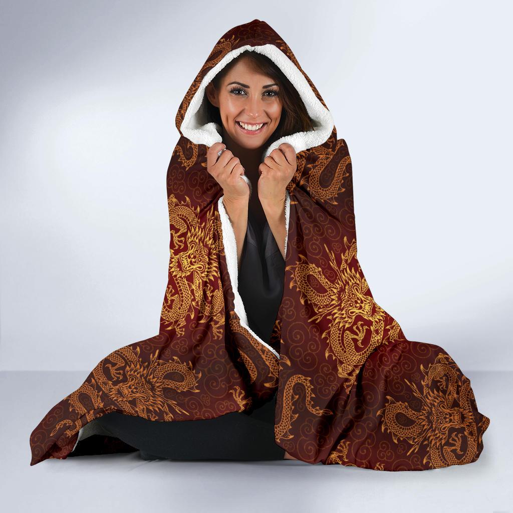 Chinese Dragons Gold Design Hooded Blanket-JTAMIGO.COM