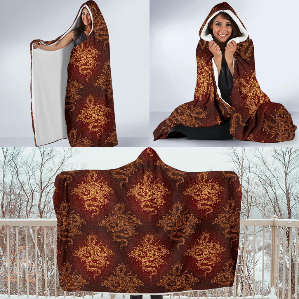 Chinese Dragons Gold Design Hooded Blanket-JTAMIGO.COM
