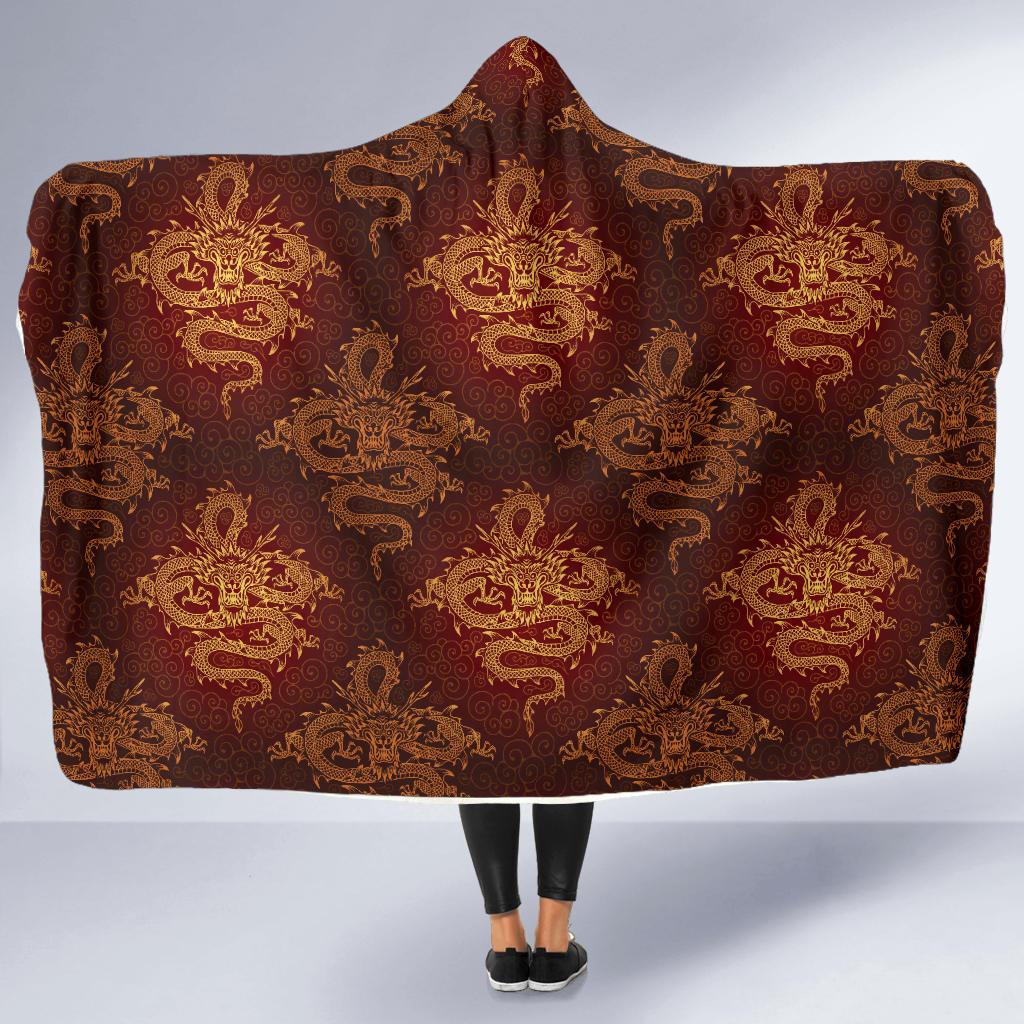 Chinese Dragons Gold Design Hooded Blanket-JTAMIGO.COM