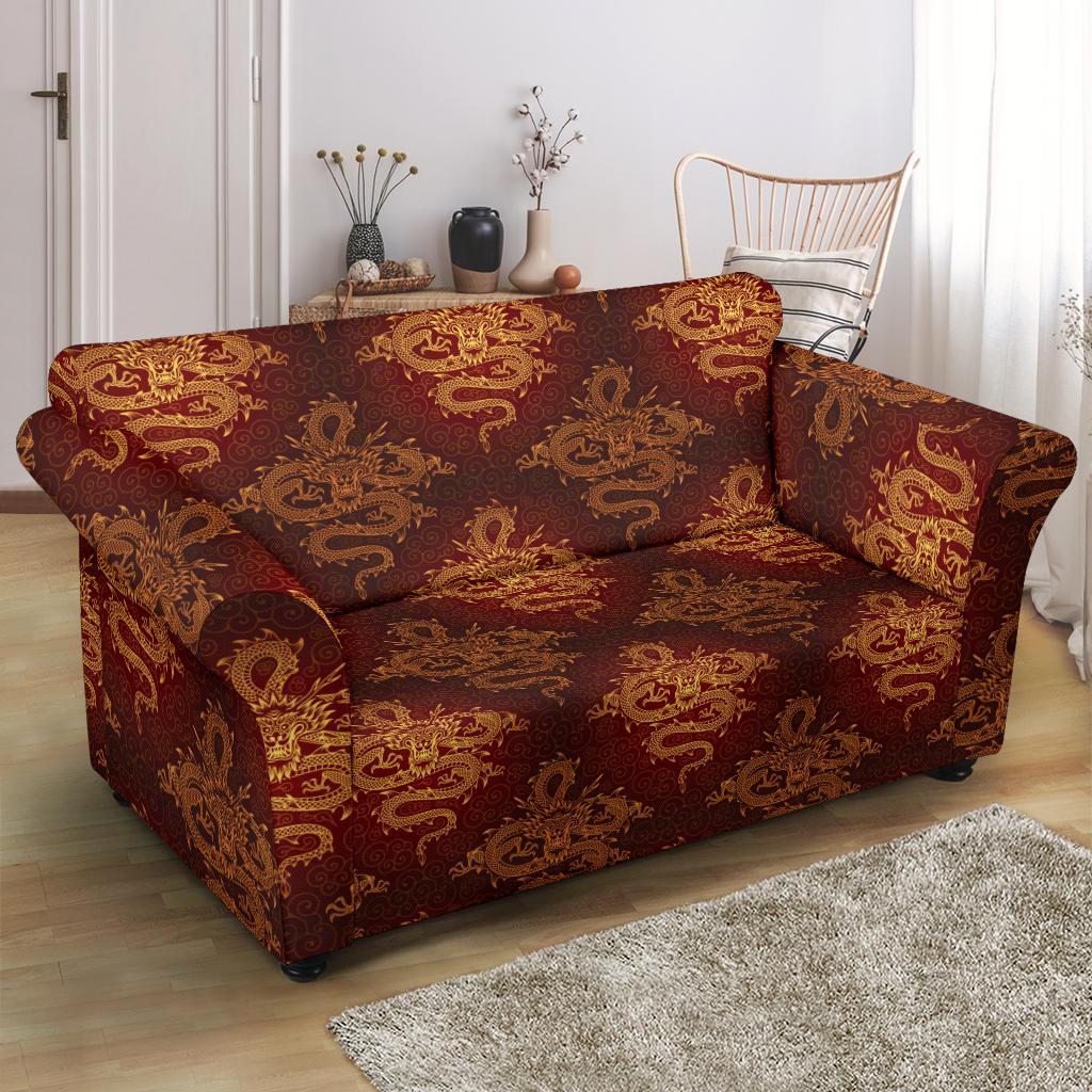 Chinese Dragons Gold Design Loveseat Slipcover-JTAMIGO.COM