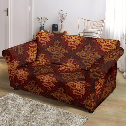 Chinese Dragons Gold Design Loveseat Slipcover-JTAMIGO.COM