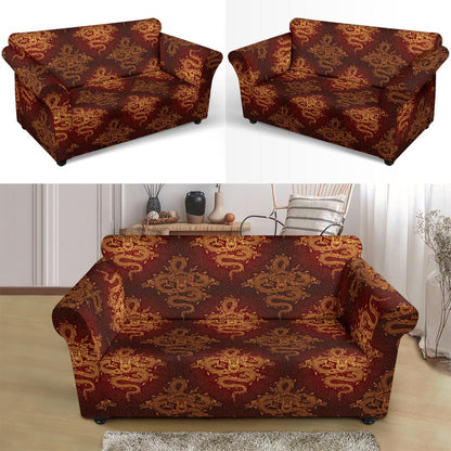 Chinese Dragons Gold Design Loveseat Slipcover-JTAMIGO.COM