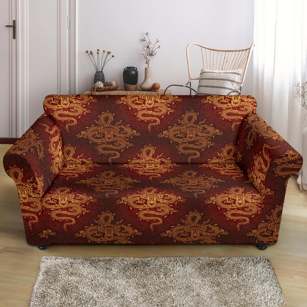Chinese Dragons Gold Design Loveseat Slipcover-JTAMIGO.COM