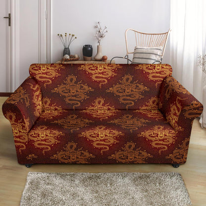 Chinese Dragons Gold Design Loveseat Slipcover-JTAMIGO.COM