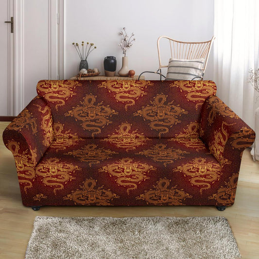 Chinese Dragons Gold Design Loveseat Slipcover-JTAMIGO.COM