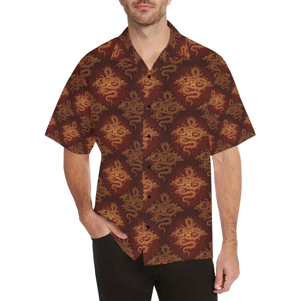 Chinese Dragons Gold Design Men Aloha Hawaiian Shirt