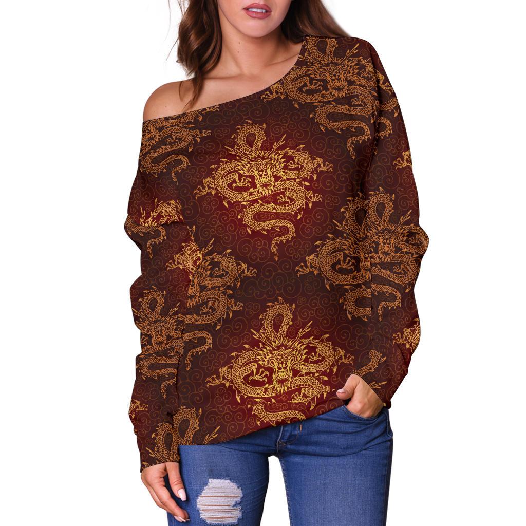 Chinese Dragons Gold Design Off Shoulder Sweatshirt
