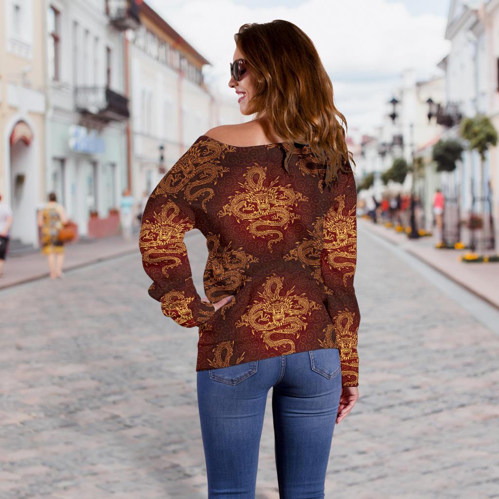 Chinese Dragons Gold Design Off Shoulder Sweatshirt