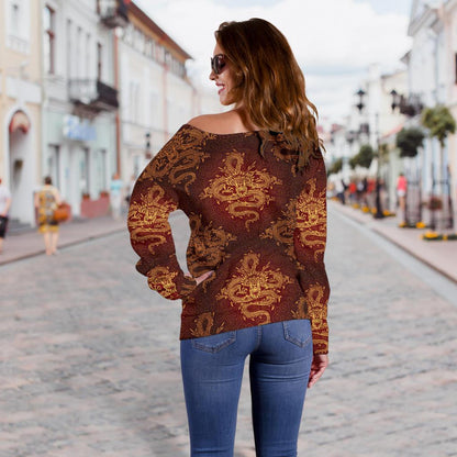 Chinese Dragons Gold Design Off Shoulder Sweatshirt