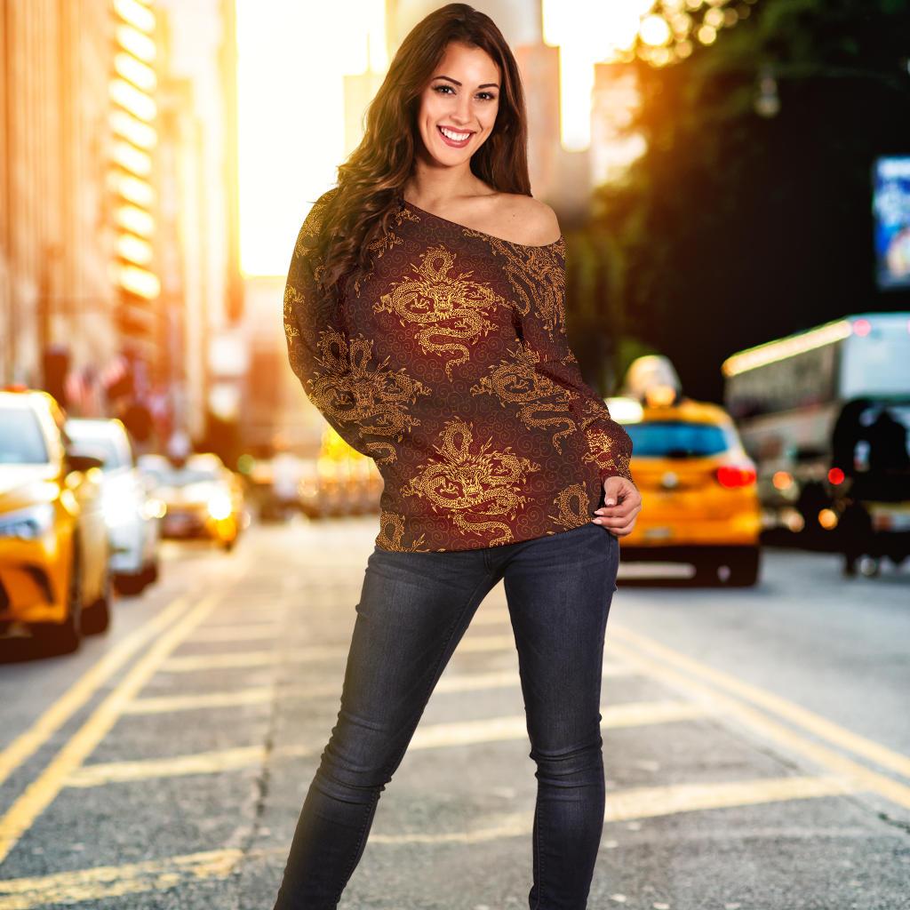 Chinese Dragons Gold Design Off Shoulder Sweatshirt