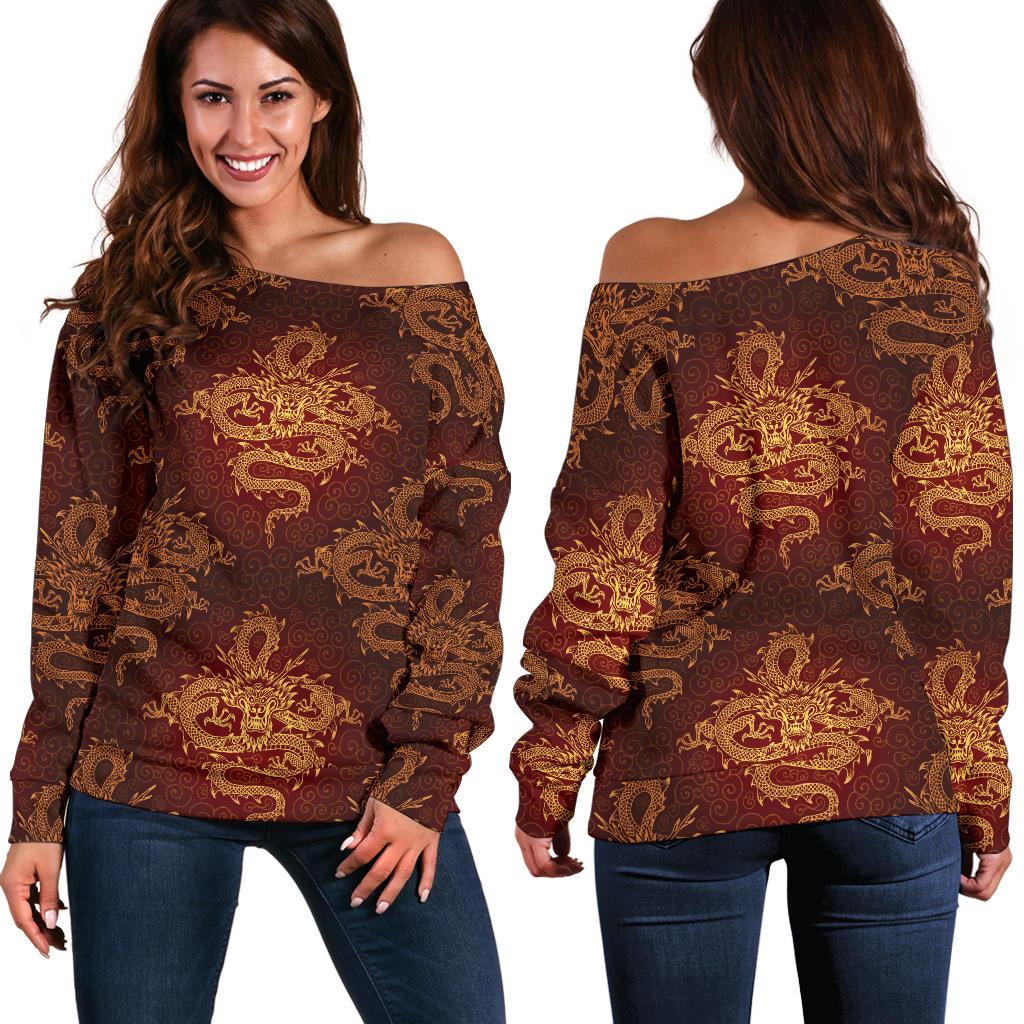 Chinese Dragons Gold Design Off Shoulder Sweatshirt
