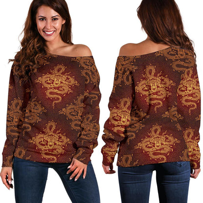 Chinese Dragons Gold Design Off Shoulder Sweatshirt