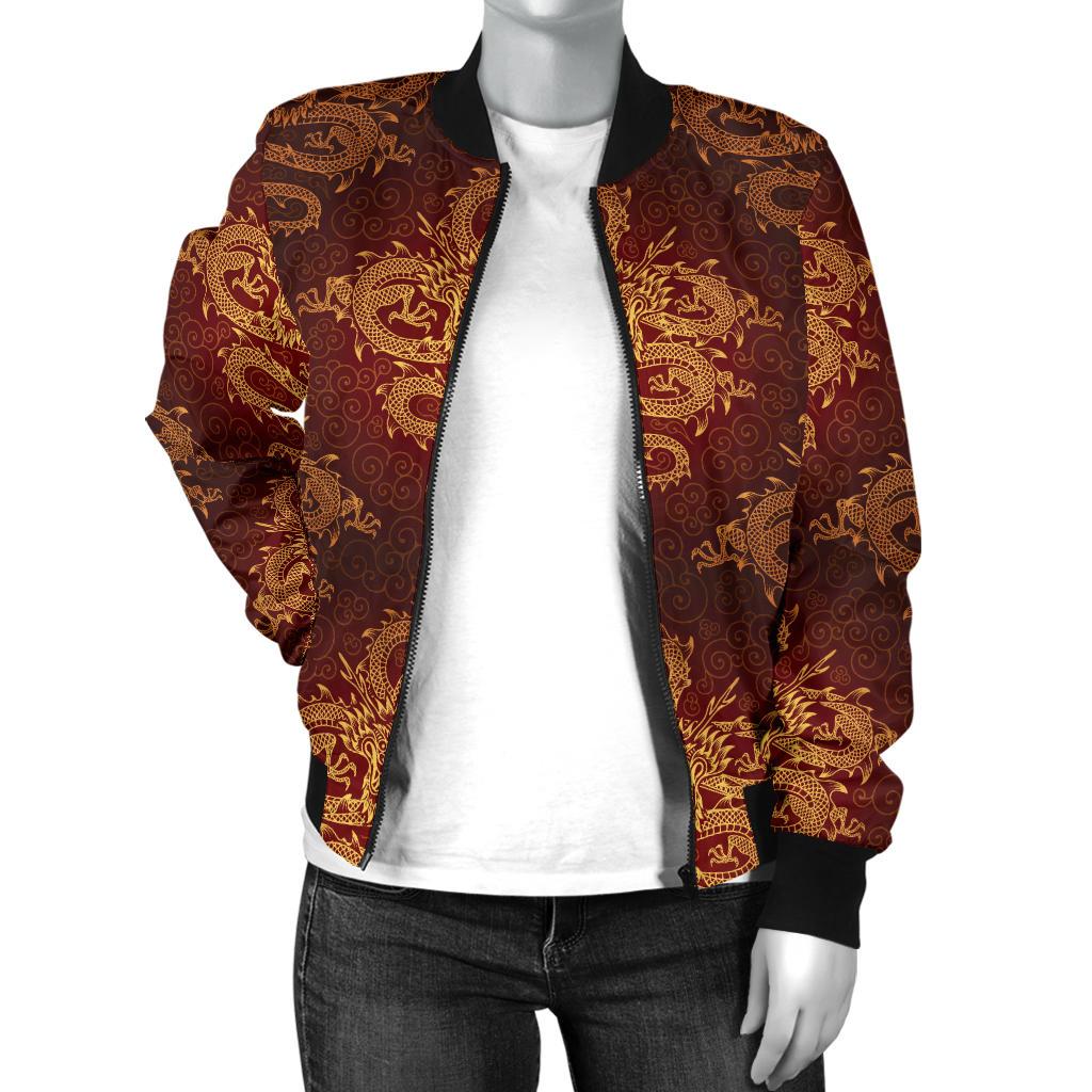 Chinese Dragons Gold Design Women Casual Bomber Jacket