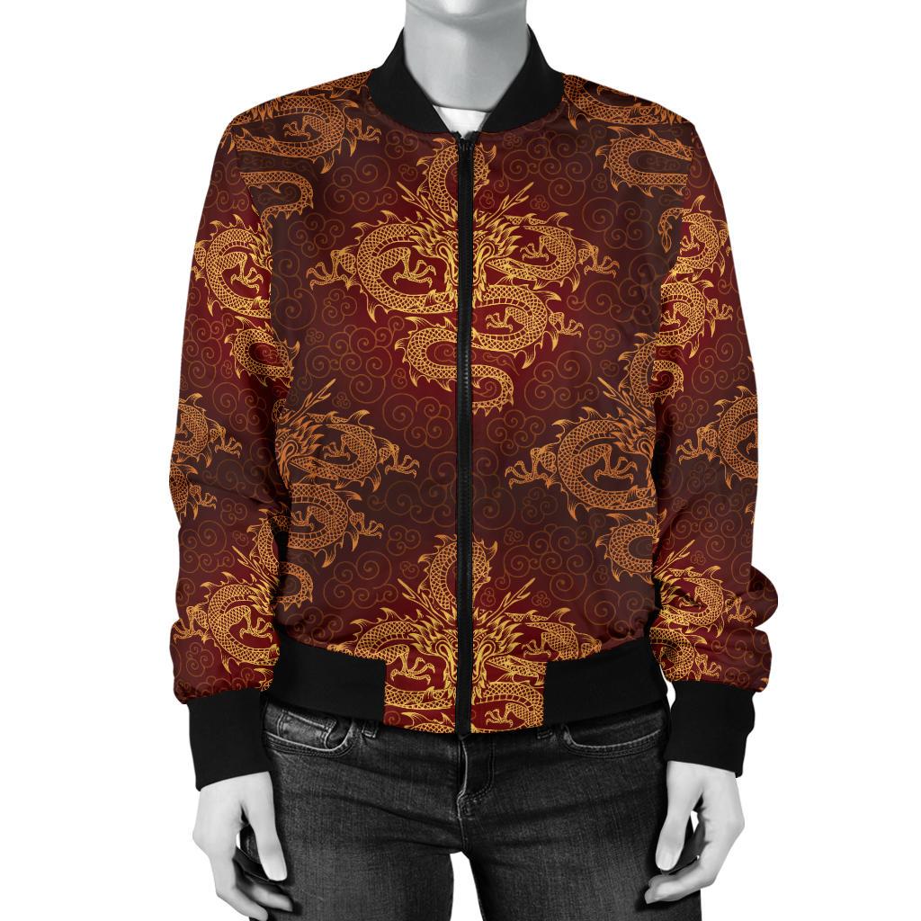 Chinese Dragons Gold Design Women Casual Bomber Jacket