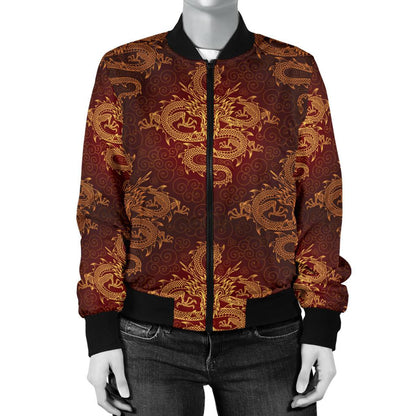 Chinese Dragons Gold Design Women Casual Bomber Jacket