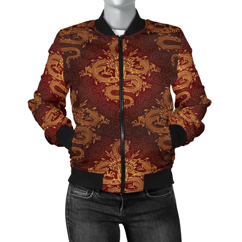Chinese Dragons Gold Design Women Casual Bomber Jacket