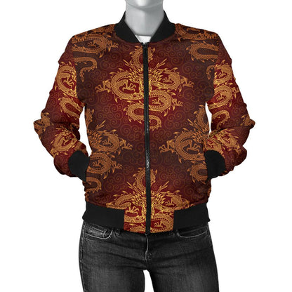 Chinese Dragons Gold Design Women Casual Bomber Jacket
