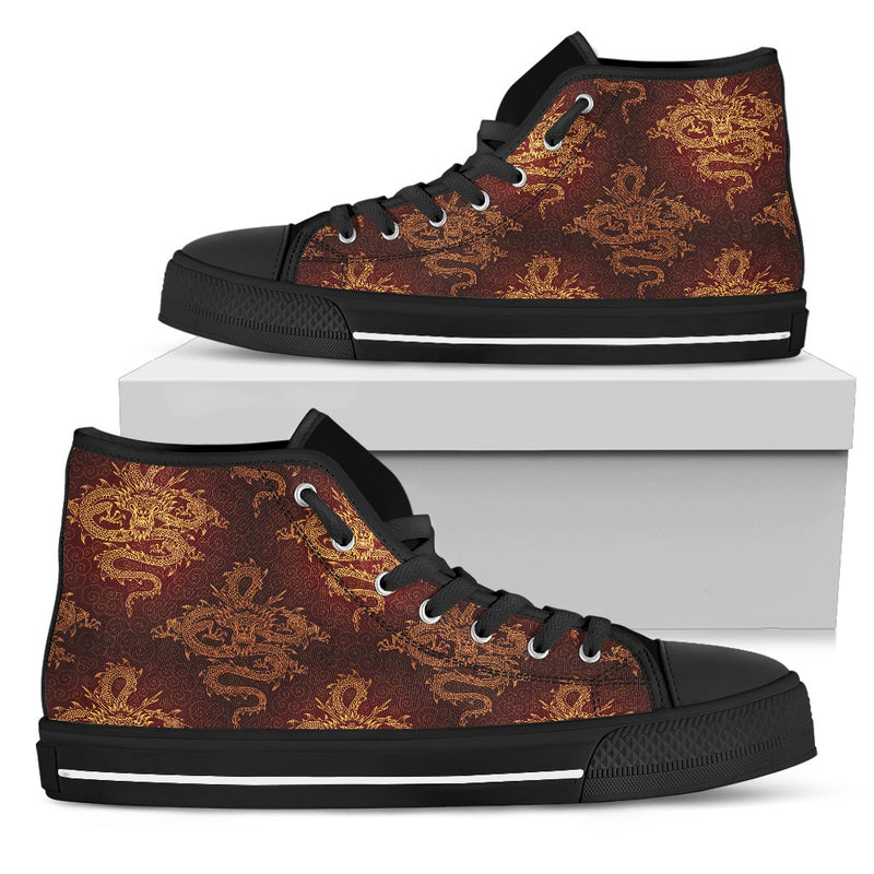 Chinese Dragons Gold Design Women High Top Shoes