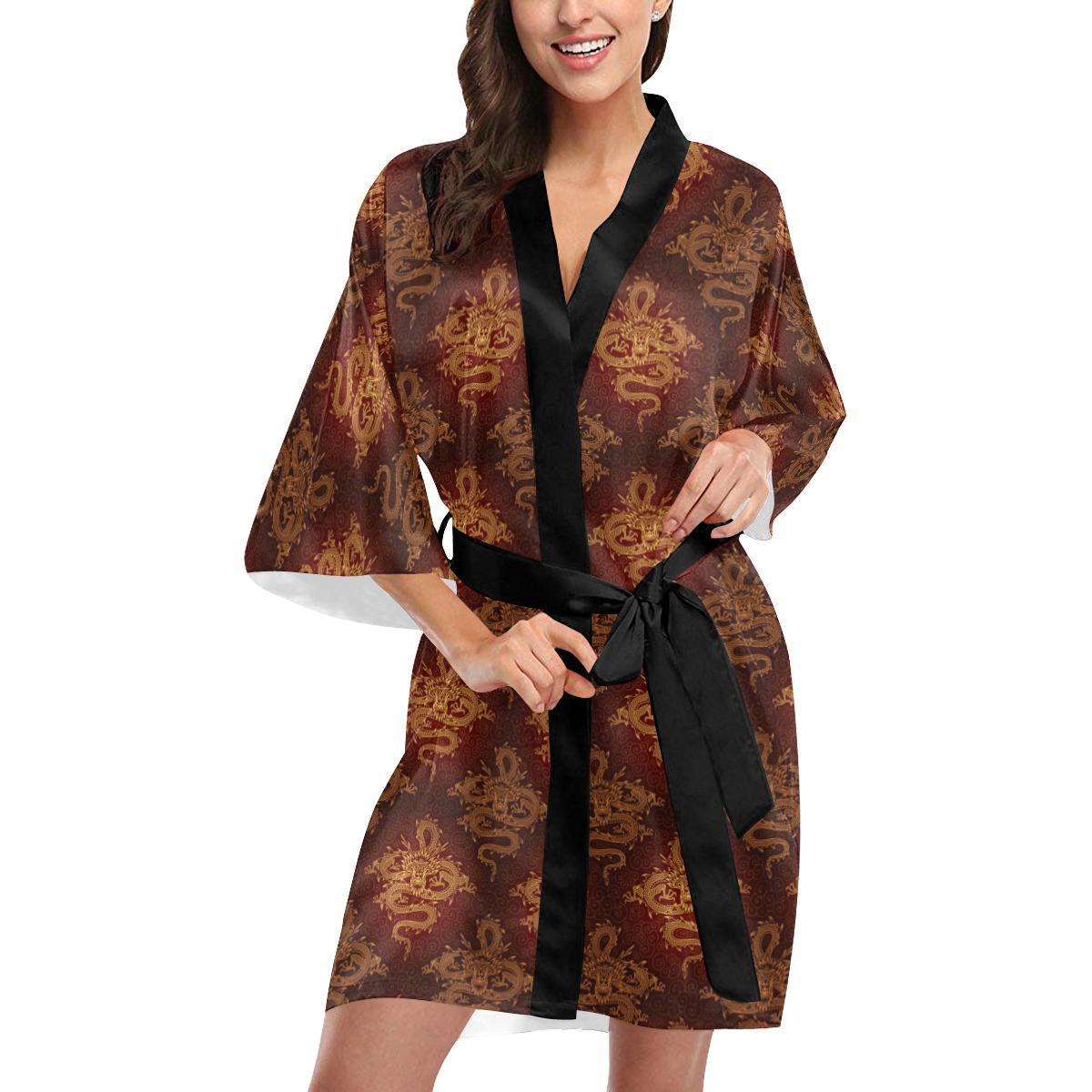 Chinese Dragons Gold Design Women Short Kimono Robe