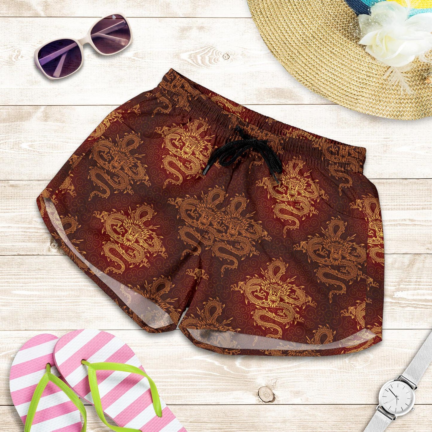 Chinese Dragons Gold Design Women Shorts-JTAMIGO.COM