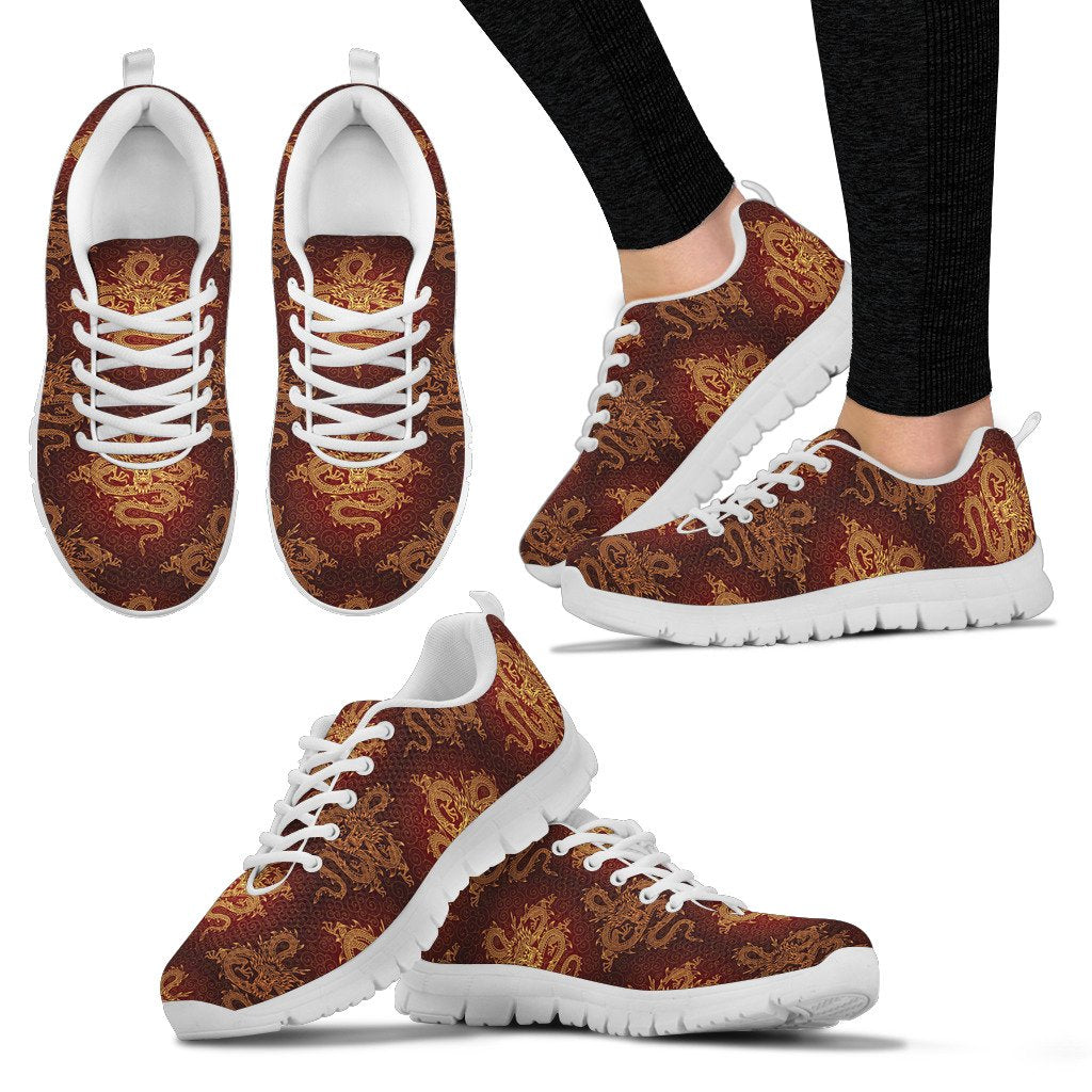 Chinese Dragons Gold Design Women Sneakers Shoes