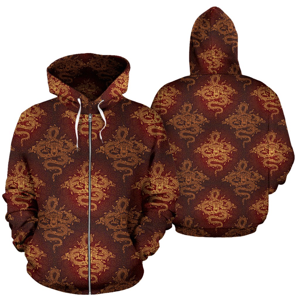 Chinese Dragons Gold Design Zip Up Hoodie
