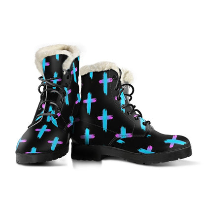 Christian Cross neon Pattern Faux Fur Leather Boots-JTAMIGO.COM
