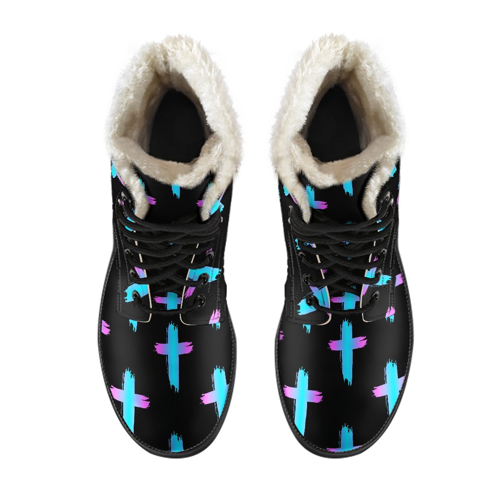 Christian Cross neon Pattern Faux Fur Leather Boots-JTAMIGO.COM