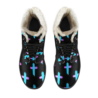 Christian Cross neon Pattern Faux Fur Leather Boots-JTAMIGO.COM