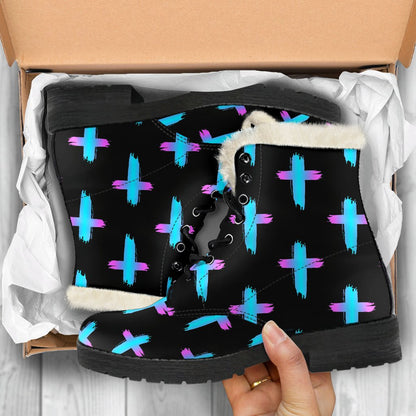 Christian Cross neon Pattern Faux Fur Leather Boots-JTAMIGO.COM